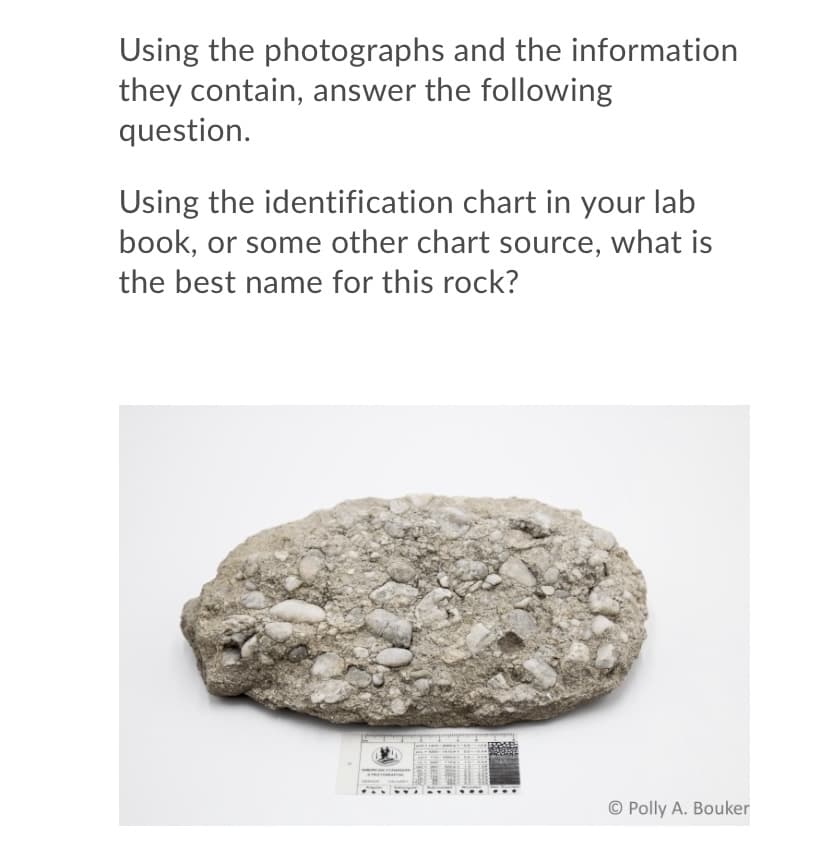 Using the photographs and the information
they contain, answer the following
question.
Using the identification chart in your lab
book, or some other chart source, what is
the best name for this rock?
-... ..
© Polly A. Bouker
