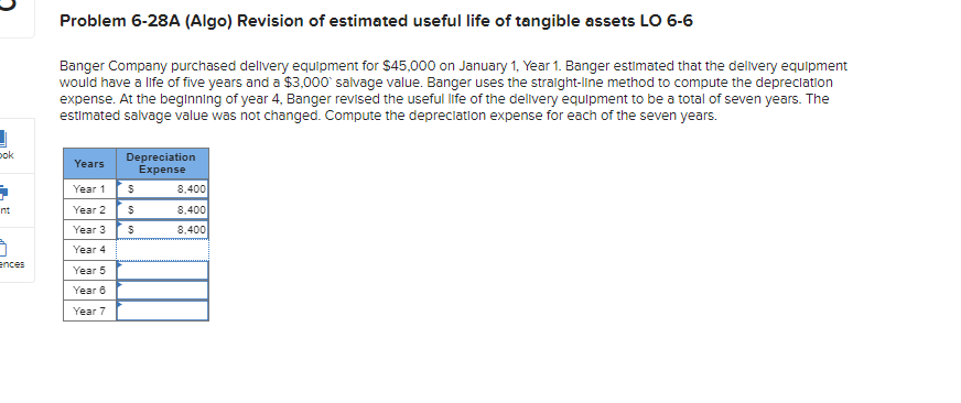 ook
int
ences
Problem 6-28A (Algo) Revision of estimated useful life of tangible assets LO 6-6
Banger Company purchased delivery equipment for $45,000 on January 1, Year 1. Banger estimated that the delivery equipment
would have a life of five years and a $3,000 salvage value. Banger uses the straight-line method to compute the depreciation
expense. At the beginning of year 4, Banger revised the useful life of the delivery equipment to be a total of seven years. The
estimated salvage value was not changed. Compute the depreciation expense for each of the seven years.
Years
Year 1
Year 2
Year 3
Year 4
Year 5
Year 6
Year 7
Depreciation
Expense
$
$
$
8,400
8,400
8,400