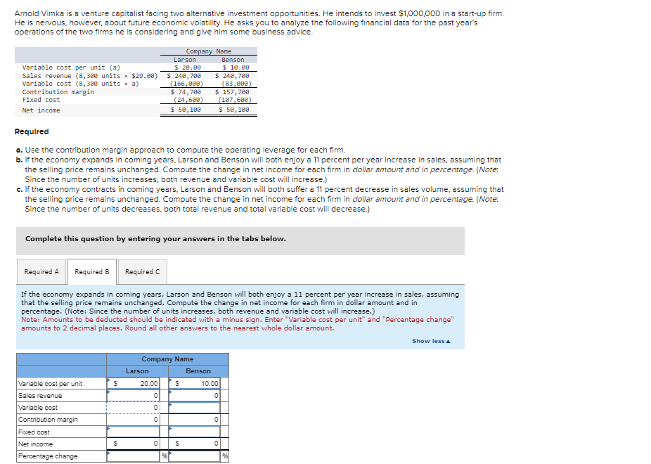 Arnold Vimka is a venture capitalist facing two alternative investment opportunities. He intends to invest $1,000,000 in a start-up firm.
He is nervous, however, about future economic volatility. He asks you to analyze the following financial data for the past year's
operations of the two firms he is considering and give him some business advice.
Variable cost per unit (a)
Sales revenue (8,300 units × $29.00)
Variable cost (8,300 units x a)
Contribution margin
Fixed cost
Net income
Required
a. Use the contribution margin approach to compute the operating leverage for each firm.
b. If the economy expands in coming years, Larson and Benson will both enjoy a 11 percent per year increase in sales, assuming that
the selling price remains unchanged. Compute the change in net income for each firm in dollar amount and in percentage. (Note:
Since the number of units increases, both revenue and variable cost will increase.)
c. If the economy contracts in coming years, Larson and Benson will both suffer a 11 percent decrease in sales volume, assuming that
the selling price remains unchanged. Compute the change in net income for each firm in dollar amount and in percentage. (Note:
Since the number of units decreases, both total revenue and total variable cost will decrease.)
Required A
Complete this question by entering your answers in the tabs below.
Required B Required C
If the economy expands in coming years, Larson and Benson will both enjoy a 11 percent per year increase in sales, assuming
that the selling price remains unchanged. Compute the change in net income for each firm in dollar amount and in
percentage. (Note: Since the number of units increases, both revenue and variable cost will increase.)
Variable cost per unit
Sales revenue
Variable cost
Contribution margin
Fixed cost
Net income
Percentage change
$
Larson
$ 20.00
$ 240,700
(166,000)
$ 74,700
(24,600)
$ 50,100
Note: Amounts to be deducted should be indicated with a minus sign. Enter "Variable cost per unit" and "Percentage change"
amounts to 2 decimal places. Round all other answers to the nearest whole dollar amount.
$
Company Name
Larson
Company Name
20.00
0
0
0
0
Benson
$10.00
$ 240,700
(83,000)
$ 157,700
(107,600)
$ 50,100
$
S
Benson
10.00
0
0
0
Show less A