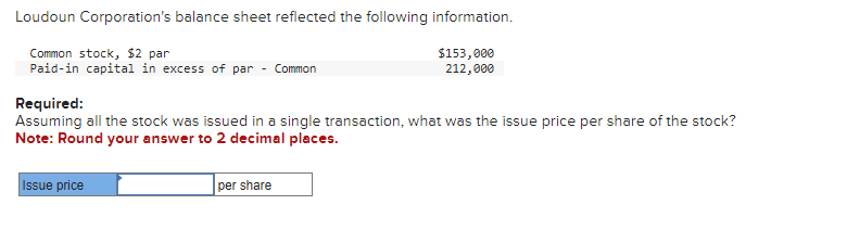 Loudoun Corporation's balance sheet reflected the following information.
Common stock, $2 par
Paid-in capital in excess of par - Common
Required:
Assuming all the stock was issued in a single transaction, what was the issue price per share of the stock?
Note: Round your answer to 2 decimal places.
Issue price
$153,000
212,000
per share