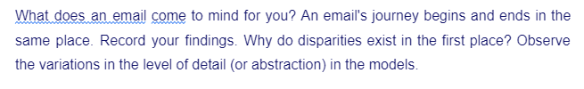 What does an email come to mind for you? An email's journey begins and ends in the
same place. Record your findings. Why do disparities exist in the first place? Observe
the variations in the level of detail (or abstraction) in the models.