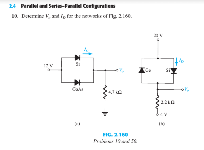 2.4 Parallel and Series-Parallel Configurations
10. Determine V, and Ip for the networks of Fig. 2.160.
20 V
Si
12 V
Ge
Si
GaAs
4.7 k.
2.2 k2
6 4 V
(a)
(b)
FIG. 2.160
Problems 10 and 50.
