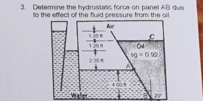 3. Determine the hydrostatic force on panel AB due
to the effect of the fluid pressure from the oil.
Water
↓
1.20 ft
1.20 ft
2.30 ft
Air
4.00 ft
C
Oil
sg = 0.92
20⁰