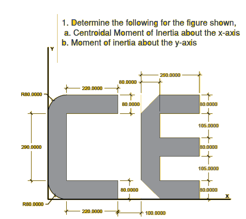 1. Determine the following for the figure shown,
a. Centroidal Moment of Inertia about the x-axis
b. Moment of inertia about the y-axis
250.0000
80.0000
220.0000
R80.0000
CE
80.0000
80.0000
105.0000
290.0000
80.0000
105.0000
it
80.0000
X
80.0000
R80.0000
220.0000
100.0000
