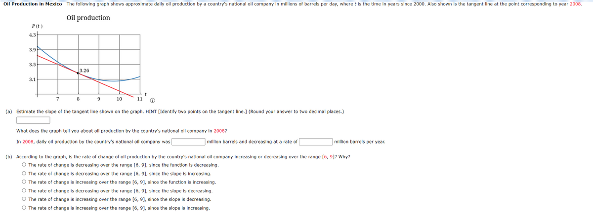 Oil Production in Mexico The following graph shows approximate daily oil production by a country's national oil company in millions of barrels per day, where t is the time in years since 2000. Also shown is the tangent line at the point corresponding to year 2008.
Oil production
P(t)
4.3
3.9
3.5
3.1
7
3.26
8
9
10
11
t
(a) Estimate the slope of the tangent line shown on the graph. HINT [Identify two points on the tangent line.] (Round your answer to two decimal places.)
What does the graph tell you about oil production by the country's national oil company in 2008?
In 2008, daily oil production by the country's national oil company was
million barrels and decreasing at a rate of
million barrels per year.
(b) According to the graph, is the rate of change of oil production by the country's national oil company increasing or decreasing over the range [6, 9]? Why?
O The rate of change is decreasing over the range [6, 9], since the function is decreasing.
O The rate of change is decreasing over the range [6, 9], since the slope is increasing.
O The rate of change is increasing over the range [6, 9], since the function is increasing.
O The rate of change is decreasing over the range [6, 9], since the slope is decreasing.
O The rate of change is increasing over the range [6, 9], since the slope is decreasing.
O The rate of change is increasing over the range [6, 9], since the slope is increasing.