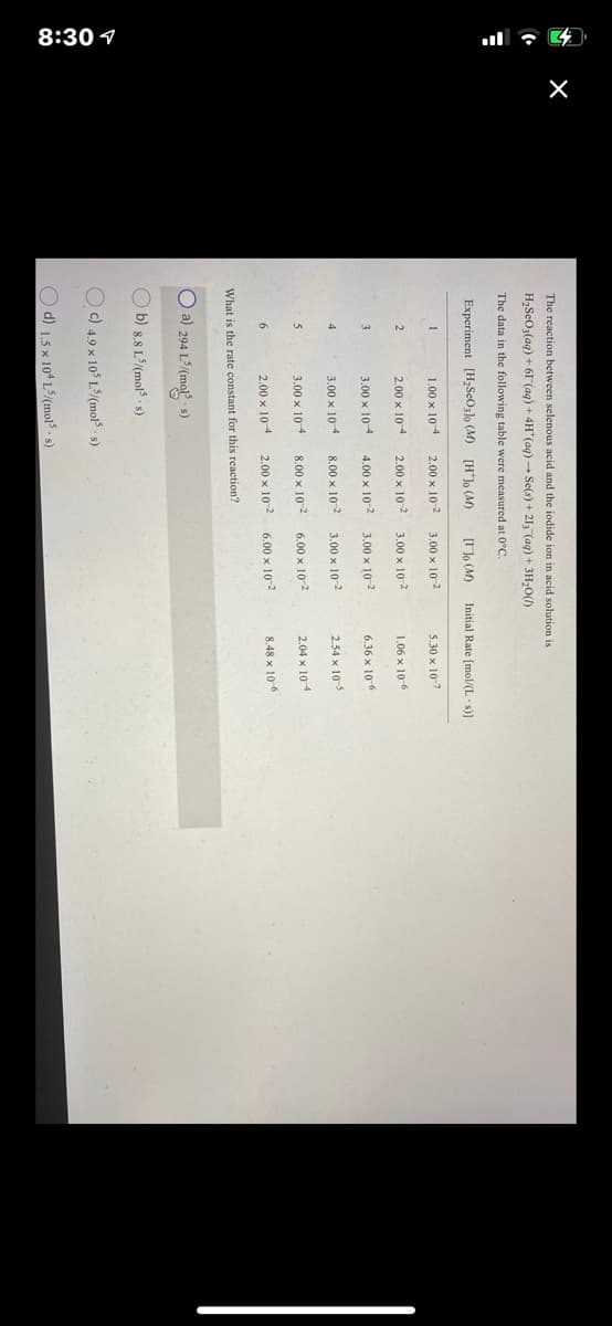 8:30 1
The reaction between selenous acid and the iodide ion in acid solution is
H,SeO;(aq) + 6I (ag) + 4H*(ag) Se(s) + 21, (aq) + 3H,0()
The data in the following table were measured at 0°C.
Experiment [H2SeO3]o (M) [H']o (M)
[I Jo (M)
Initial Rate [mol/(L s)]
1.00 x 104
2.00 x 10-2
3.00 x 10-2
5.30 x 10-7
2,00 x 104
2.00 x 10-2
3.00 x 10-2
1.06 x 10-6
3.00 x 104
4.00 x 10-2
3.00 x 10-2
6.36 x 10-6
3.00 x 104
8.00 x 10-2
3.00 x 10-2
2.54 x 10-5
5
3.00 x 104
8.00 x 10-2
6.00 x 10-2
2.04 x 104
2.00 x 104
2.00 x 10-2
6.00 x 10-2
8.48 x 106
What is the rate constant for this reaction?
O a) 294 L/(ma *
s)
O b) 8.8 L/(mol - s)
O c) 4.9 x 10° L/(mols s)
O d) 1.5 x 104 L/(mols - s)
