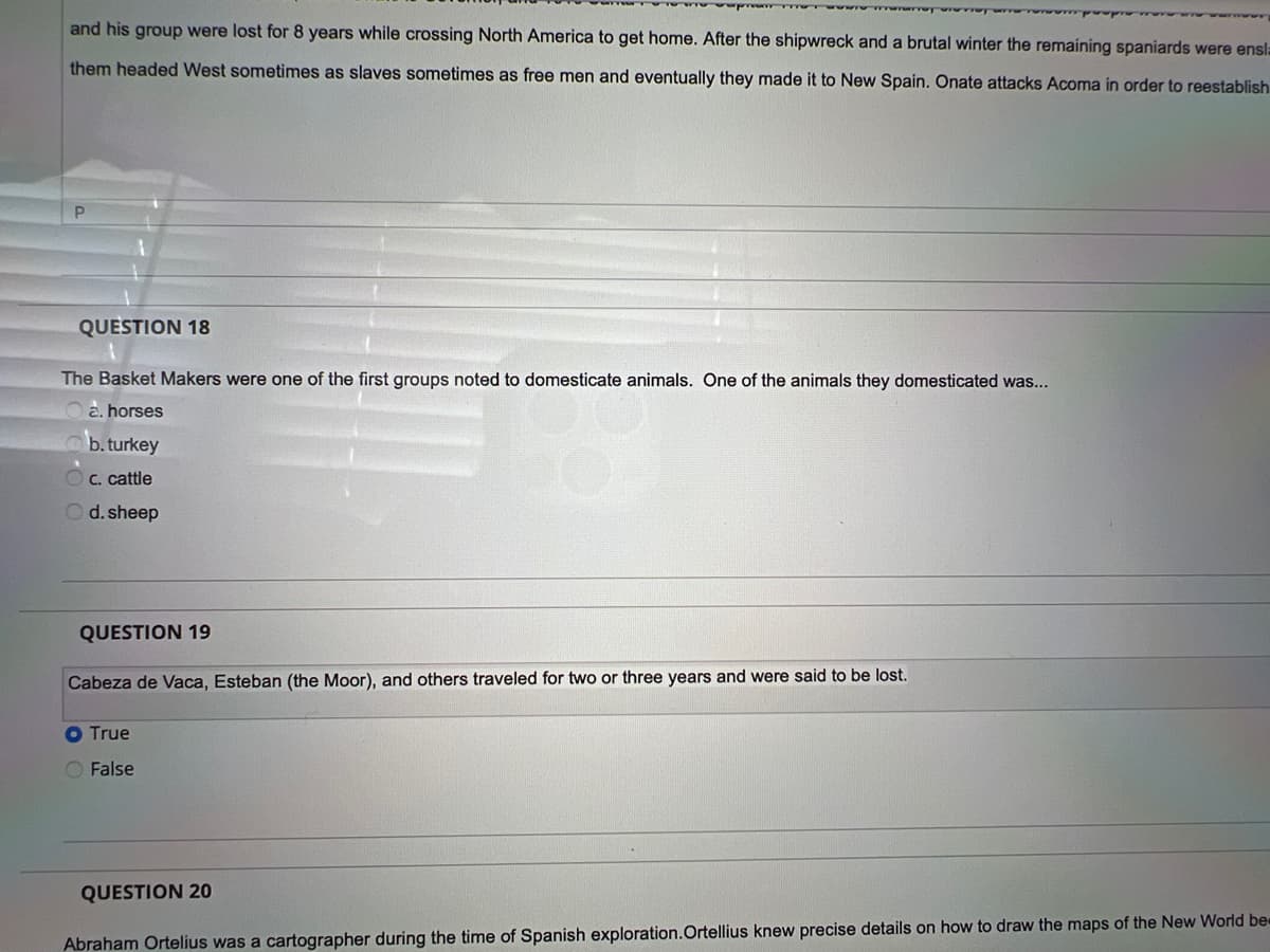 ### Educational Quiz Details

**Question 18:**
The Basket Makers were one of the first groups noted to domesticate animals. One of the animals they domesticated was:
- a. horses
- b. turkey
- c. cattle
- d. sheep

**Question 19:**
Cabeza de Vaca, Esteban (the Moor), and others traveled for two or three years and were said to be lost.
- True
- False
(Selected answer: True)

**Question 20:**
Abraham Ortelius was a cartographer during the time of Spanish exploration. Ortelius knew precise details on how to draw the maps of the New World because...