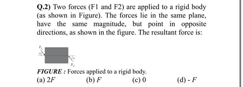 Q.2) Two forces (F1 and F2) are applied to a rigid body
(as shown in Figure). The forces lie in the same plane,
have the same magnitude, but point in opposite
directions, as shown in the figure. The resultant force is:
FIGURE : Forces applied to a rigid body.
(b) F
(а) 2F
(c) 0
(d) - F
