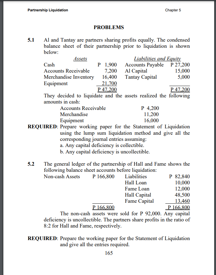 Partnership Liquidation
Chapter 5
PROBLEMS
5.1
Al and Tantay are partners sharing profits equally. The condensed
balance sheet of their partnership prior to liquidation is shown
below:
Liabilities and Equity
Accounts Payable P 27,200
15,000
5,000
Assets
Р 1,900
7,200
Cash
Accounts Receivable
Al Capital
Merchandise Inventory 16,400 Tantay Capital
Equipment
21,700
P 47,200
They decided to liquidate and the assets realized the following
P 47,200
amounts in cash:
P 4,200
Accounts Receivable
Merchandise
11,200
16,000
Equipment
REQUIRED: Prepare working paper for the Statement of Liquidation
using the lump sum liquidation method and give all the
corresponding journal entries assuming:
a. Any capital deficiency is collectible.
b. Any capital deficiency is uncollectible.
5.2
The general ledger of the partnership of Hall and Fame shows the
following balance sheet accounts before liquidation:
P 166,800
Non-cash Assets
P 82,840
10,000
12,000
48,500
13,460
P 166,800
The non-cash assets were sold for P 92,000. Any capital
deficiency is uncollectible. The partners share profits in the ratio of
Liabilities
Hall Loan
Fame Loan
Hall Capital
Fame Capital
P 166,800
8:2 for Hall and Fame, respectively.
REQUIRED: Prepare the working paper for the Statement of Liquidation
and give all the entries required.
165
