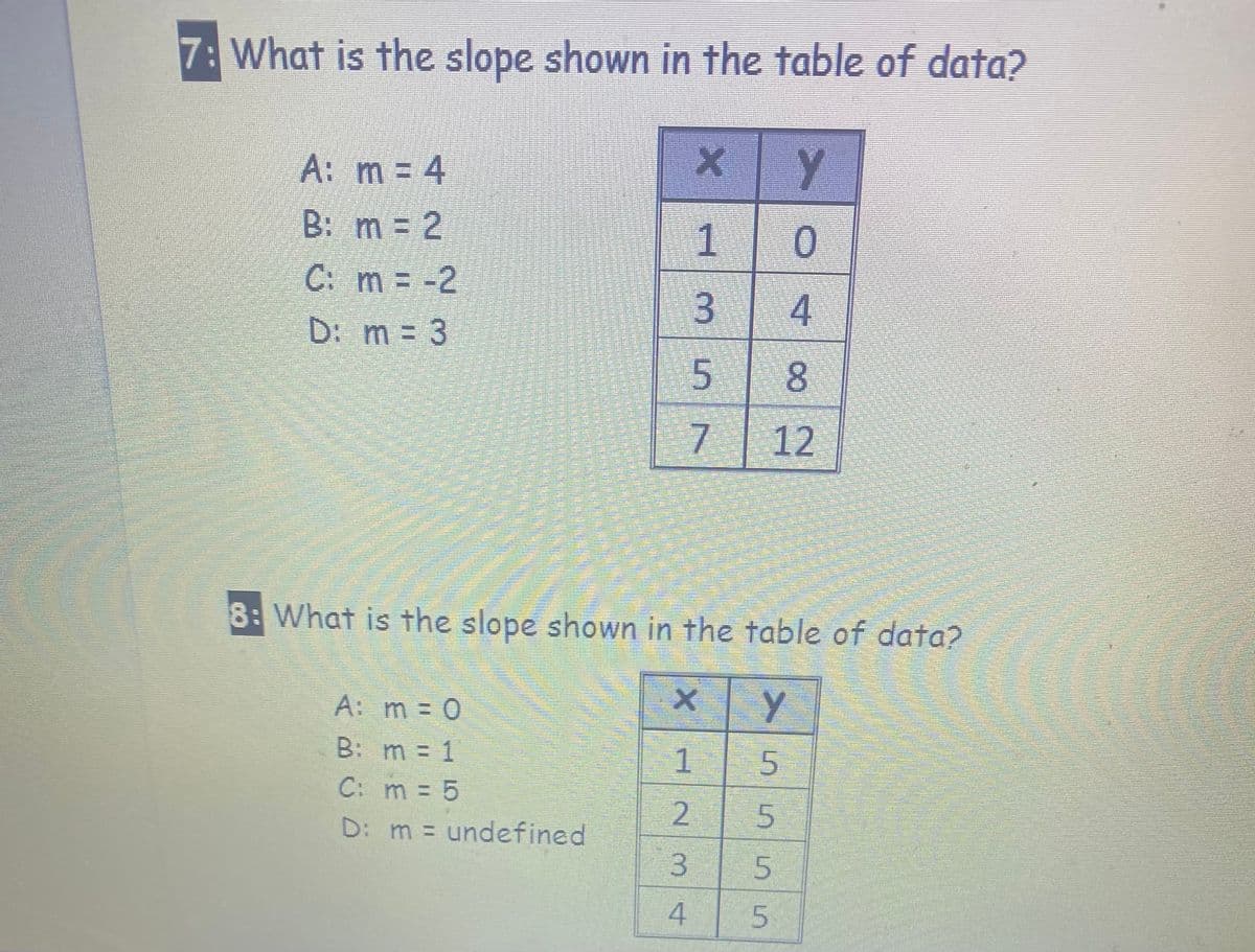 7: What is the slope shown in the table of data?
x Y
A: m = 4
B: m = 2
C: m = -2
4
D: m = 3
7 12
8: What is the slope shown in the table of data?
A: m = 0
| 5
2 5
3 5
4 5
B: m =
C: m 5
D: m = undefined
3.
1.
