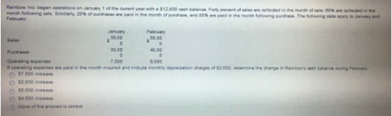 Rainbow, Inc began operations on January 1 of the oument year with a $12.000 cash balanoe. Forty percent of sales e collected in the month of sale 00 ae colleded in the
month following sale Similarty. 20% of purchases are paid in the month of purhase, and B0 are paid in the morth following purchase. The folowing data apply
February
January
February
66.00
35.00
Sales
30.00
40.00
Purdhases
Operating epenses
operating experses re paid in the month inoumed and indude monnly deprediation anarges of 52.600. denermine the change in Rainbows cash talane dunng February
$7.500 ingrease
7.000
9.000
$2.000 increase
35.000 inrease
4.000 ingrease
None of the answen is coned
