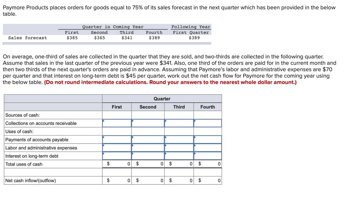 Paymore Products places orders for goods equal to 75% of its sales forecast in the next quarter which has been provided in the below
table.
Quarter in Coming Year
Following Year
First
Second
Third
Fourth
First Quarter
Sales forecast
$385
$365
$341
$389
$389
On average, one-third of sales are collected in the quarter that they are sold, and two-thirds are collected in the following quarter.
Assume that sales in the last quarter of the previous year were $341. Also, one third of the orders are paid for in the current month and
then two thirds of the next quarter's orders are paid in advance. Assuming that Paymore's labor and administrative expenses are $70
per quarter and that interest on long-term debt is $45 per quarter, work out the net cash flow for Paymore for the coming year using
the below table. (Do not round intermediate calculations. Round your answers to the nearest whole dollar amount.)
Quarter
First
Second
Third
Fourth
Sources of cash:
Collections on accounts receivable
Uses of cash:
Payments of accounts payable
Labor and administrative expenses
Interest on long-term debt
Total uses of cash
$
$
Net cash inflow/(outflow)
$
$
$
0 $
%24
%24
%24
