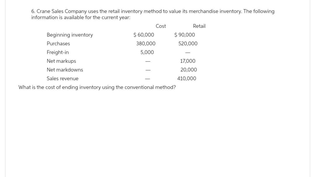 6. Crane Sales Company uses the retail inventory method to value its merchandise inventory. The following
information is available for the current year:
Beginning inventory
Purchases
Freight-in
$ 60,000
380,000
5,000
Cost
Retail
$ 90,000
520,000
Net markups
Net markdowns
Sales revenue
What is the cost of ending inventory using the conventional method?
17,000
20,000
410,000