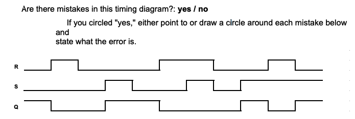 Are there mistakes in this timing diagram?: yes / no
If you circled "yes," either point to or draw a circle around each mistake below
and
state what the error is.
R
