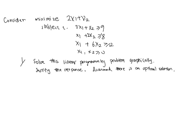 Consider
minimize 2x1+12
subject t
3X1 + X2 39
X1 +2X2 78
X1 + 6X₂ 7/12
X1, X2710
y solve this lineur programming problem graphically.
Justify the response.
Assumed there is an optimal solution,