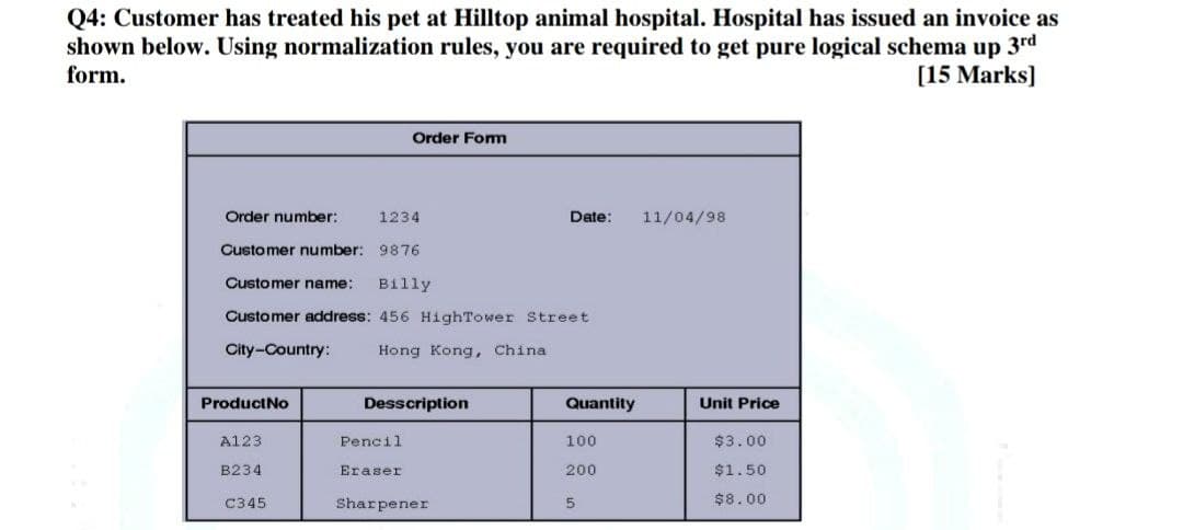 Q4: Customer has treated his pet at Hilltop animal hospital. Hospital has issued an invoice as
shown below. Using normalization rules, you are required to get pure logical schema up 3rd
form.
[15 Marks]
Order number:
Customer number: 9876
Customer name: Billy
Customer address: 456 HighTower Street
City-Country:
Hong Kong, China
Product No
A123
B234
Order Form
C345
1234
Desscription
Date: 11/04/98
Pencil
Eraser
Sharpener
Quantity
100
200
5
Unit Price
$3.00
$1.50
$8.00