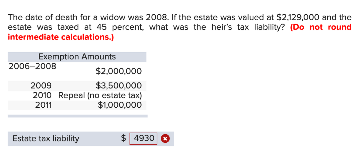 The date of death for a widow was 2008. If the estate was valued at $2,129,000 and the
estate was taxed at 45 percent, what was the heir's tax liability? (Do not round
intermediate calculations.)
Exemption Amounts
2006-2008
$2,000,000
2009
$3,500,000
2010 Repeal (no estate tax)
2011
$1,000,000
Estate tax liability
$4930
X