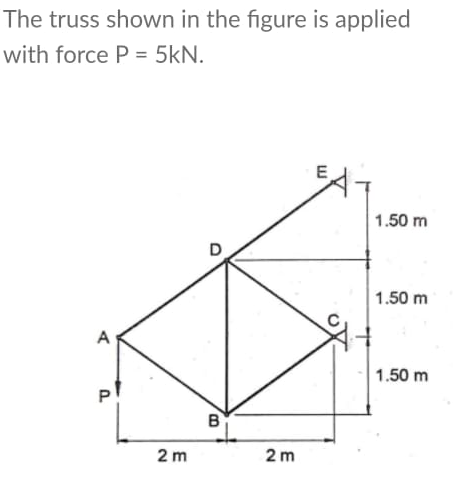 The truss shown in the figure is applied
with force P = 5kN.
1.50 m
1.50 m
A
1.50 m
B
2 m
2 m
