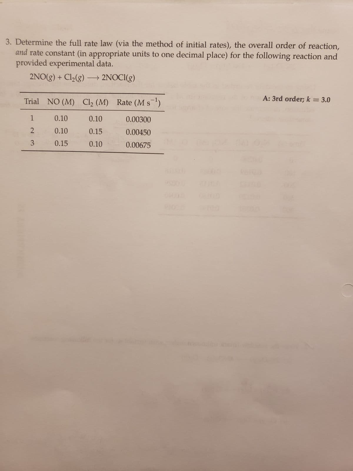 3. Determine the full rate law (via the method of initial rates), the overall order of reaction,
and rate constant (in appropriate units to one decimal place) for the following reaction and
provided experimental data.
2NO(g) + Cl₂(g) → 2NOCI(g)
Trial NO (M) Cl₂ (M)
1
2
0.10
0.10
0.15
0.10
0.15
0.10
s-¹)
Rate (M s
0.00300
0.00450
0.00675
18.0
4 (4)
A: 3rd order; k = 3.0