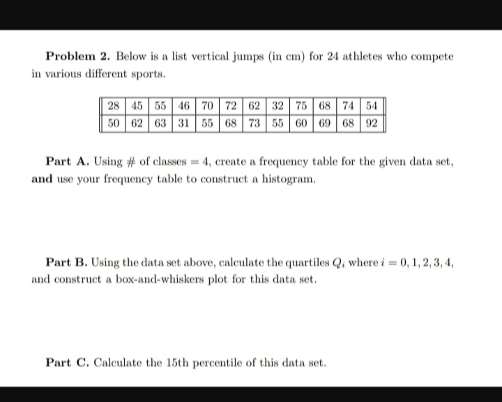 Problem 2. Below is a list vertical jumps (in em) for 24 athletes who compete
in various different sports.
28 45 55 46 70 | 72 | 62 | 32 75 68 74 54
50 62 63 31 55 68 73 55 60 69 68 92
Part A. Using # of classes = 4, create a frequency table for the given data set,
and use your frequency table to construct a histogram.
Part B. Using the data set above, calculate the quartiles Qi where i = 0, 1, 2, 3, 4,
and construct a box-and-whiskers plot for this data set.
Part C. Calculate the 15th percentile of this data set.
