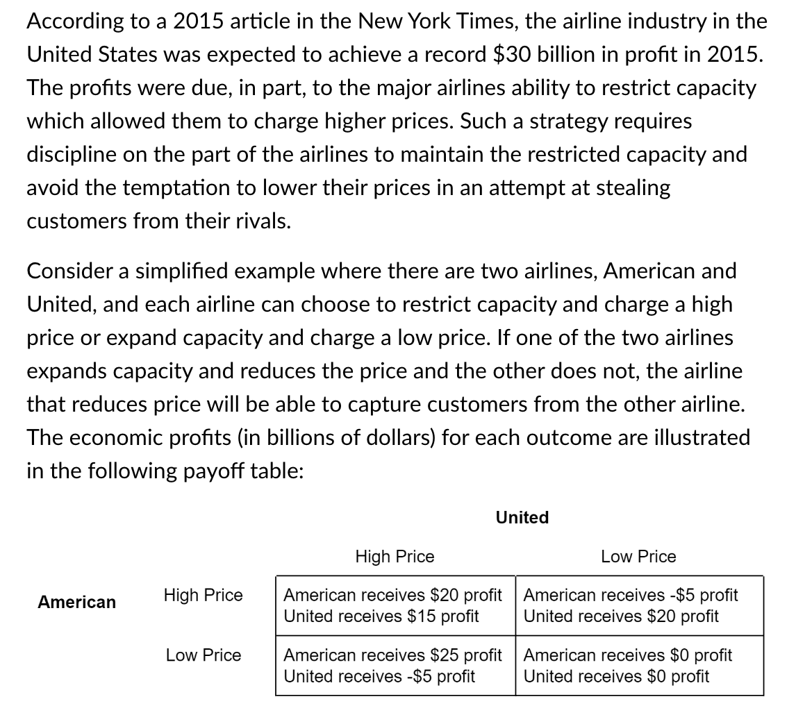 According to a 2015 article in the New York Times, the airline industry in the
United States was expected to achieve a record $30 billion in profit in 2015.
The profits were due, in part, to the major airlines ability to restrict capacity
which allowed them to charge higher prices. Such a strategy requires
discipline on the part of the airlines to maintain the restricted capacity and
avoid the temptation to lower their prices in an attempt at stealing
customers from their rivals.
Consider a simplified example where there are two airlines, American and
United, and each airline can choose to restrict capacity and charge a high
price or expand capacity and charge a low price. If one of the two airlines
expands capacity and reduces the price and the other does not, the airline
that reduces price will be able to capture customers from the other airline.
The economic profits (in billions of dollars) for each outcome are illustrated
in the following payoff table:
American
High Price
Low Price
United
High Price
American receives $20 profit
United receives $15 profit
American receives $25 profit
United receives -$5 profit
Low Price
American receives -$5 profit
United receives $20 profit
American receives $0 profit
United receives $0 profit