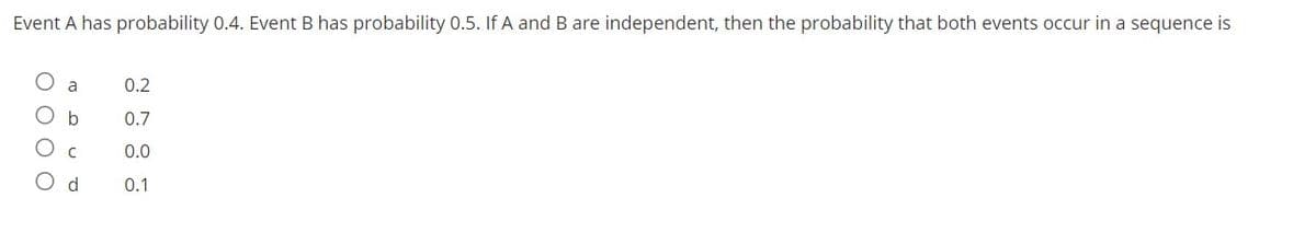 Event A has probability 0.4. Event B has probability 0.5. If A and B are independent, then the probability that both events occur in a sequence is
a
0.2
0.7
0.0
O d
0.1
O O O O
