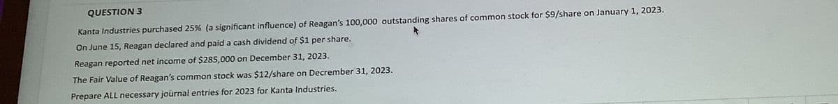 QUESTION 3
Kanta Industries purchased 25% (a significant influence) of Reagan's 100,000 outstanding shares of common stock for $9/share on January 1, 2023.
On June 15, Reagan declared and paid a cash dividend of $1 per share.
Reagan reported net income of $285,000 on December 31, 2023.
The Fair Value of Reagan's common stock was $12/share on Decrember 31, 2023.
Prepare ALL necessary journal entries for 2023 for Kanta Industries.