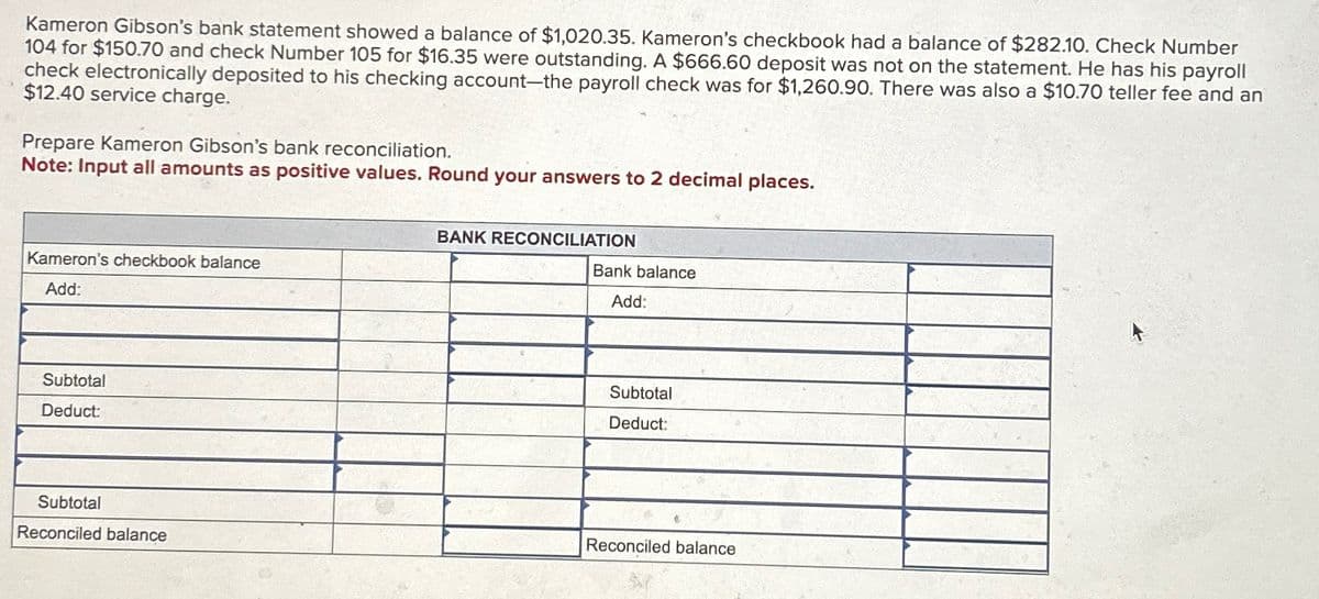 Kameron Gibson's bank statement showed a balance of $1,020.35. Kameron's checkbook had a balance of $282.10. Check Number
104 for $150.70 and check Number 105 for $16.35 were outstanding. A $666.60 deposit was not on the statement. He has his payroll
check electronically deposited to his checking account-the payroll check was for $1,260.90. There was also a $10.70 teller fee and an
$12.40 service charge.
Prepare Kameron Gibson's bank reconciliation.
Note: Input all amounts as positive values. Round your answers to 2 decimal places.
Kameron's checkbook balance
Add:
Subtotal
Deduct:
Subtotal
Reconciled balance
BANK RECONCILIATION
Bank balance
Add:
Subtotal
Deduct:
Reconciled balance