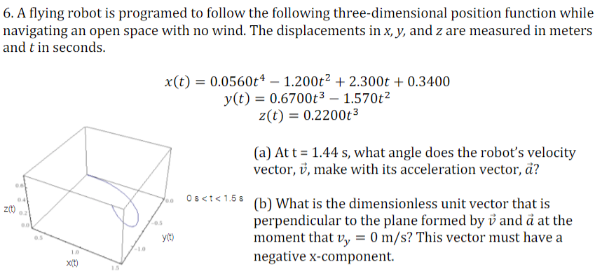 6. A flying robot is programmed to follow the following three-dimensional position function while navigating an open space with no wind. The displacements in \( x, y, \) and \( z \) are measured in meters and \( t \) in seconds.

\[ x(t) = 0.0560t^4 - 1.200t^2 + 2.300t + 0.3400 \]
\[ y(t) = 0.6700t^3 - 1.570t^2 \]
\[ z(t) = 0.2200t^3 \]

**Graph:** 
The image includes a 3D plot displaying the trajectory of the robot based on the given equations. The axes are labeled \( x(t) \), \( y(t) \), and \( z(t) \), showing the robot's path from \( 0 \leq t < 1.5 \) seconds. The graph illustrates how the robot moves through the 3D space based on the functions for each coordinate.

**Questions:**

(a) At \( t = 1.44 \) s, what angle does the robot’s velocity vector, \( \vec{v} \), make with its acceleration vector, \( \vec{a} \)?

(b) What is the dimensionless unit vector that is perpendicular to the plane formed by \( \vec{v} \) and \( \vec{a} \) at the moment that \( v_y = 0 \) m/s? This vector must have a negative x-component.