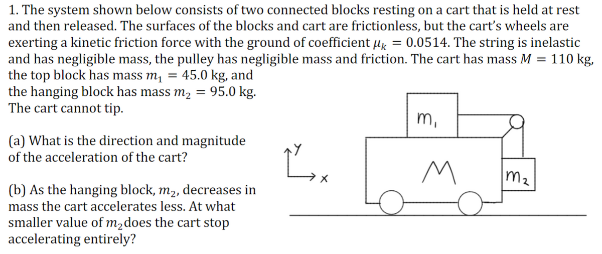 1. The system shown below consists of two connected blocks resting on a cart that is held at rest
and then released. The surfaces of the blocks and cart are frictionless, but the cart's wheels are
exerting a kinetic friction force with the ground of coefficient µ
and has negligible mass, the pulley has negligible mass and friction. The cart has mass M =
the top block has mass m
the hanging block has mass m2 = 95.0 kg.
The cart cannot tip.
= 0.0514. The string is inelastic
110 kg,
45.0 kg, and
m,
(a) What is the direction and magnitude
of the acceleration of the cart?
m2
(b) As the hanging block, m2,
decreases in
mass the cart accelerates less. At what
smaller value of m2does the cart stop
accelerating entirely?
