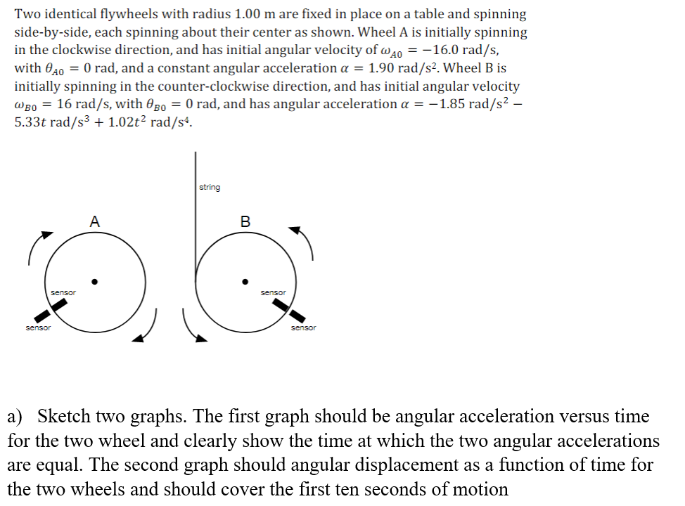 Two identical flywheels with radius 1.00 m are fixed in place on a table and spinning
side-by-side, each spinning about their center as shown. Wheel A is initially spinning
in the clockwise direction, and has initial angular velocity of w40 = -16.0 rad/s,
with 040 = 0 rad, and a constant angular acceleration a = 1.90 rad/s². Wheel B is
initially spinning in the counter-clockwise direction, and has initial angular velocity
WBo = 16 rad/s, with 0g0 = 0 rad, and has angular acceleration a = -1.85 rad/s² –
5.33t rad/s³ + 1.02t² rad/sª.
string
A
sensor
sensor
sensor
sensor
a) Sketch two graphs. The first graph should be angular acceleration versus time
for the two wheel and clearly show the time at which the two angular accelerations
are equal. The second graph should angular displacement as a function of time for
the two wheels and should cover the first ten seconds of motion
