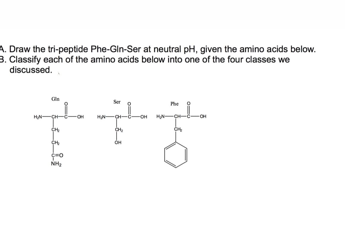 A. Draw the tri-peptide Phe-Gln-Ser at neutral pH, given the amino acids below.
3. Classify each of the amino acids below into one of the four classes we
discussed.
Gln
Ser
Phe
о
H2N
H2N-CH
CH
OH
H2N-
CH-C
-HO-
OH
CH2
ČH2
ÓH
C=0
NH2
