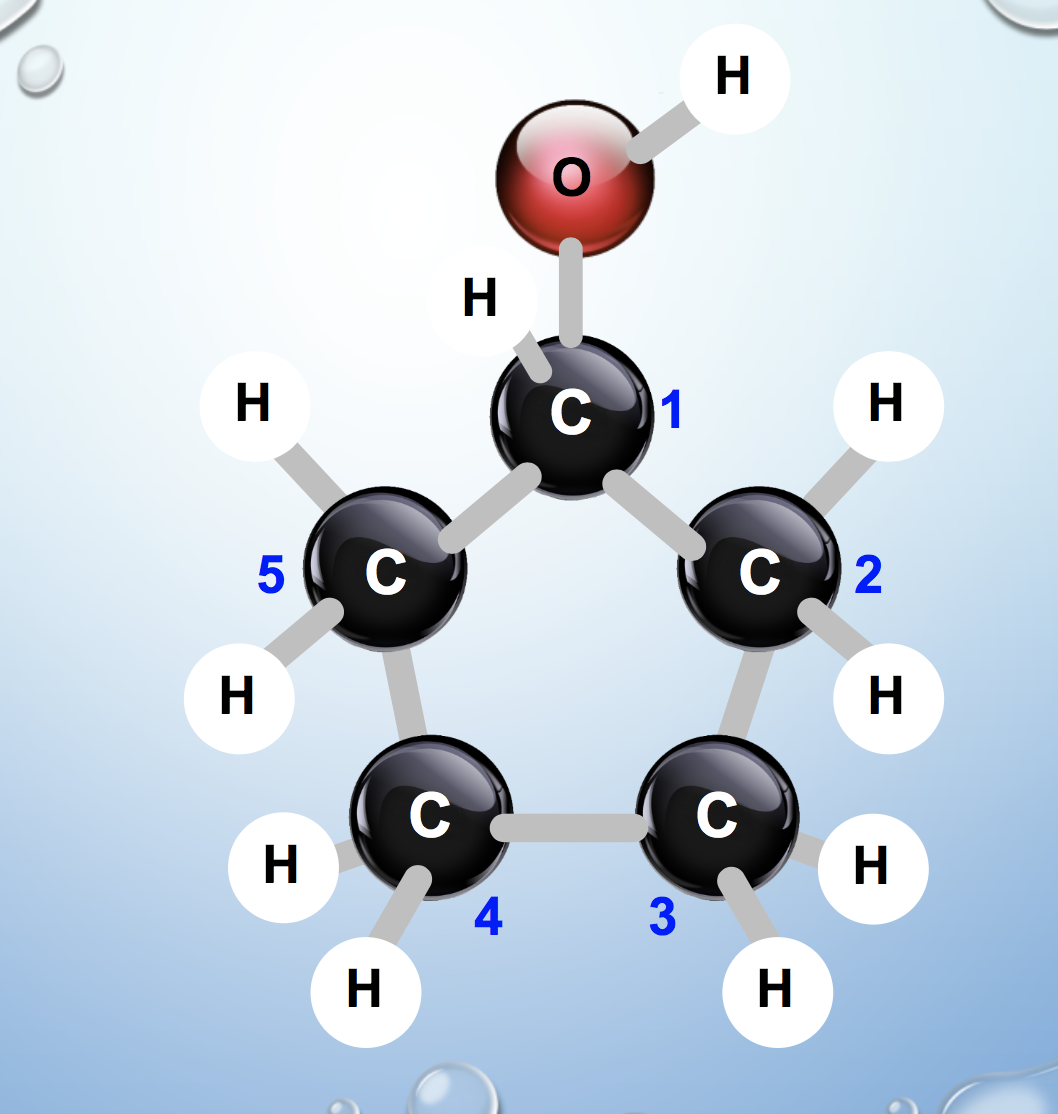 ### Cyclopentanol - Molecular Structure

**Description:**

The image represents the molecular structure of Cyclopentanol, an organic compound with the molecular formula C₅H₁₀O. It is depicted in a three-dimensional ball-and-stick model, showcasing the arrangement of atoms and bonds within the molecule.

**Structural Explanation:**

- **Atoms:**
  - Carbon (C): Represented by black spheres.
  - Hydrogen (H): Represented by white spheres.
  - Oxygen (O): Represented by a red sphere.

- **Bonds:**
  - Single bonds: Depicted as grey sticks connecting the atoms.

**Detailed Description:**

- **Carbon Atoms:**
  - The molecule consists of a five-membered carbon ring.
  - The carbon atoms are numbered from 1 to 5 in a clockwise direction.
  
- **Hydrogen Atoms:**
  - Each carbon atom in the ring is bonded to hydrogen atoms, except for the carbon at position 1, which is bonded to one hydrogen atom and a hydroxyl group (OH).
  - The number of hydrogen atoms bonded to each carbon varies to satisfy the valence requirements of carbon.

- **Oxygen Atom:**
  - The oxygen atom is bonded to the carbon atom at position 1.
  - The oxygen atom forms a hydroxyl group (OH) with one hydrogen atom.

**Notable Points:**

- The hydroxyl group (OH) attached to the carbon at position 1 indicates that the molecule is an alcohol, specifically a secondary alcohol due to the attachment of the hydroxyl group to a carbon atom that is also bonded to two other carbon atoms.
- The five-membered carbon ring characterizes the compound as cycloalkanol.

**Usage in Education:**

- This diagram can be used in chemistry education to illustrate the molecular geometry and structure of cyclopentanol.
- It helps in understanding functional groups in organic chemistry, particularly alcohols.
- It can also be utilized to teach about cyclic hydrocarbons and their derivatives.

### Summary:

Cyclopentanol is an organic compound with a ring structure consisting of five carbon atoms and an attached hydroxyl group. Its molecular representation is crucial for understanding the basic concepts of organic chemistry, such as functional groups and molecular geometry.