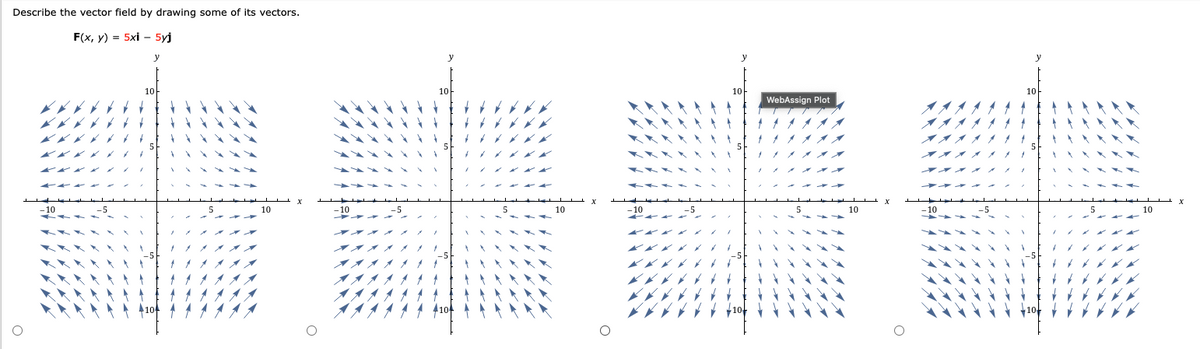 Describe the vector field by drawing some of its vectors.
F(x, y) = 5xi - 5yj
y
10
10
WebAssign Plot
10
10
10
10
