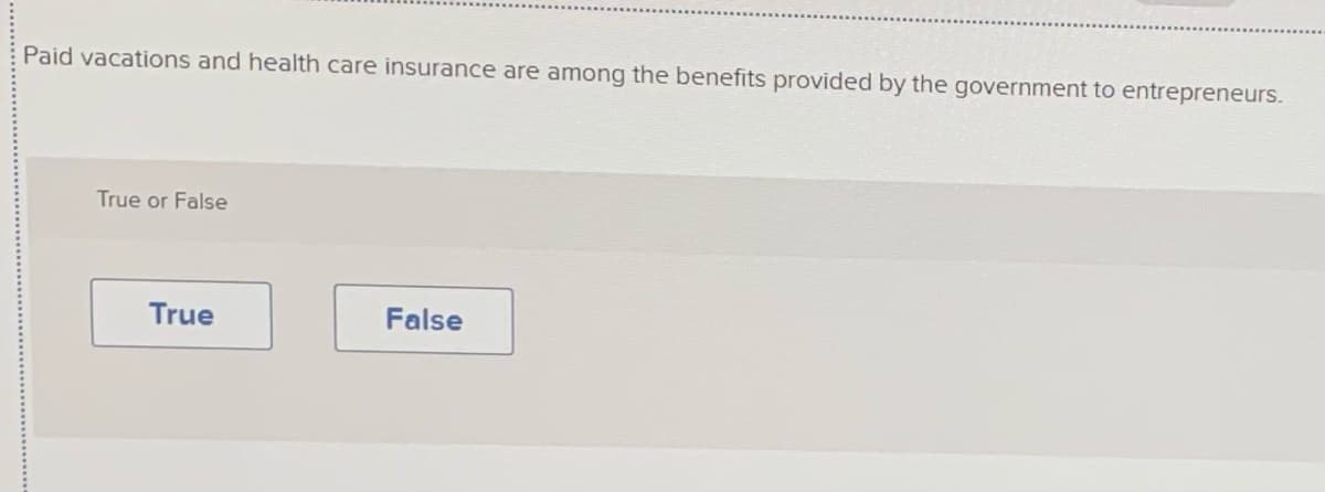 Paid vacations and health care insurance are among the benefits provided by the government to entrepreneurs.
True or False
True
False
