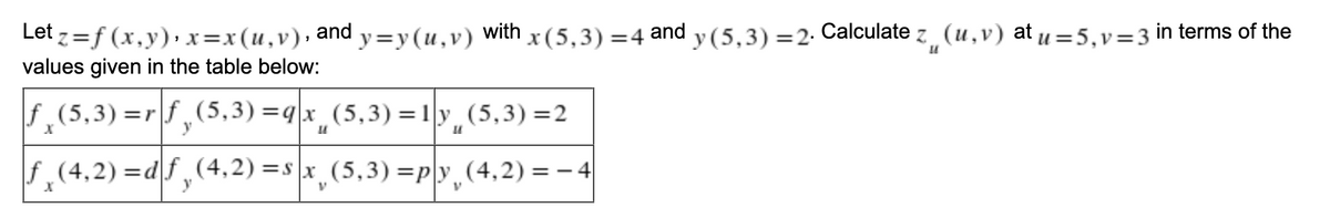 Let z=f (x,y),x=x(u,v), and
y=y(u,v)
with
x(5,3) =4
and
y(5,3) =2.
Calculate
z (u,v) at u =5,v=3 in terms of the
values given in the table below:
f (5,3) =rf(5,3) =qx (5,3) = 1y (5,3) =2
*„(5,3) =1y,(5,3) =2
y
f (4,2) =df,(4,2) =s x (5,3) =p|y_(4,2) = – 4
y
