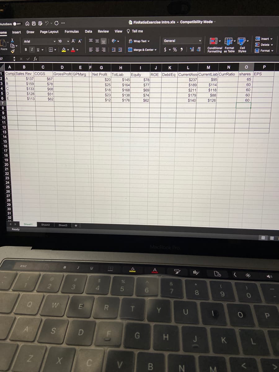 A FinRatioExercise Intro.xls - Compatibility Mode
AutoSave or
ome
Page Layout
Formulas
Data
Review
View O Tell me
Insert
Draw
E Insert v
Arial
v 10
• A A
29 Wrap Text v
General
5 Delete v
E E= E E
$ v % 9
Conditional Format
Formatting as Table Styles
Cell
BIUV
出。
Paste
E Merge & Center v
A Format v
07
fx
A
B
D
E
F
G
H
J
K
M
Comp Sales Rev COGS
$137
$159
$133
GrossProfit GPMarg
$67
$78
$68
ROE Debt/Eg ICurrentAssiCurrentLiablCurrRatio shares EPS
$78
Net Profit TotLiab
Equity
$145
$164
$168
$138
$176
2
$95
$20
$25
65
3 B
4 C
5 D
6
$237
$189
$211
$179
$114
$118
$88
$126
60
$18
$23
$12
$77
$69
$74
$62
60
$128
$113
$51
$62
60
$140
60
7
9
10
11
12
13
14
15
16
17
18
19
20
21
22
23
24
25
26
27
28
29
30
31
32
Sheett
Sheet2
Sheet3
Ready
MacBook Pro
esc
BI U
ily
く ※
%23
2$
&
2
4.
7
8.
W
E
Y.
U
A
H.
K
C
V
<>
T
SI
