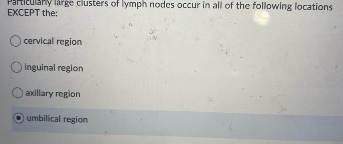 Partičulárly large clusters of lymph nodes occur in all of the following locations
EXCEPT the:
cervical region
O inguinal region
O axillary region
umbilical region
