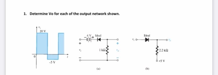 1. Determine Vo for each of the output network shown.
20 V
Ideal
Ideal
2.2 k2
6 +5 V
-5 V
(a)
(b)
