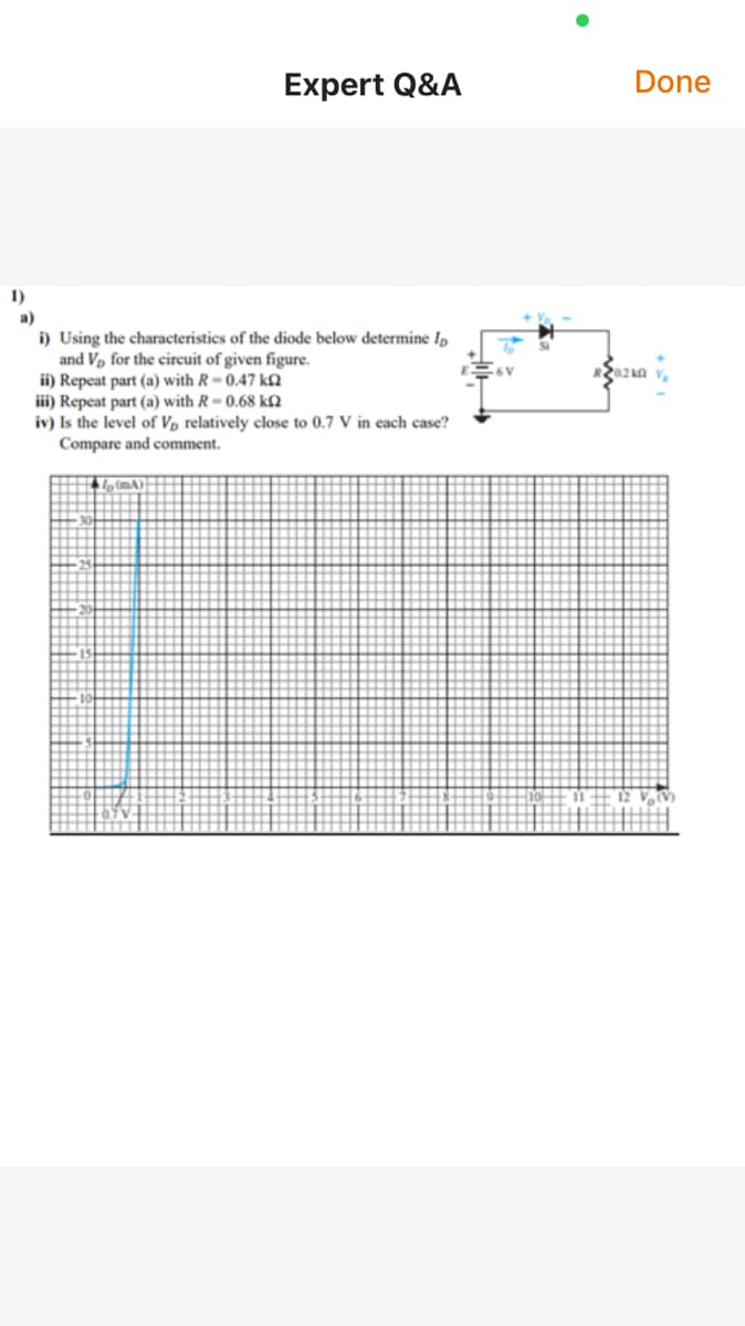 Expert Q&A
Done
1)
a)
i) Using the characteristics of the diode below determine Ip
and V, for the circuit of given figure.
ii) Repeat part (a) with R= 0.47 k2
iii) Repeat part (a) with R = 0.68 kN
iv) Is the level of Vp relatively close to 0.7 V in each case?
Compare and comment.
02kn v
