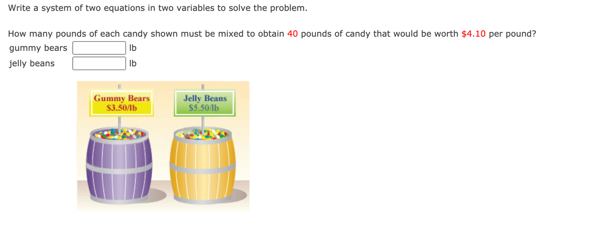 Write a system of two equations in two variables to solve the problem.
How many pounds of each candy shown must be mixed to obtain 40 pounds of candy that would be worth $4.10 per pound?
gummy bears
Ib
jelly beans
Ib
Gummy Bears
$3.50/lb
Jelly Beans
$5.50/1b
