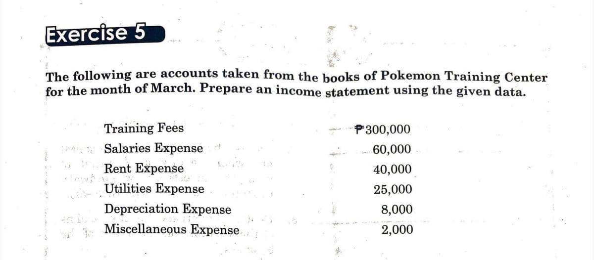 Exercise 5
The following are accounts taken from the books of Pokemon Training Center
for the month of March. Prepare an income statement using the given data.
Training Fees
De Salaries Expense t
et
I
Rent Expense
Utilities Expense
Depreciation Expense
Miscellaneous Expense.
P300,000
60,000
40,000
25,000
8,000
2,000