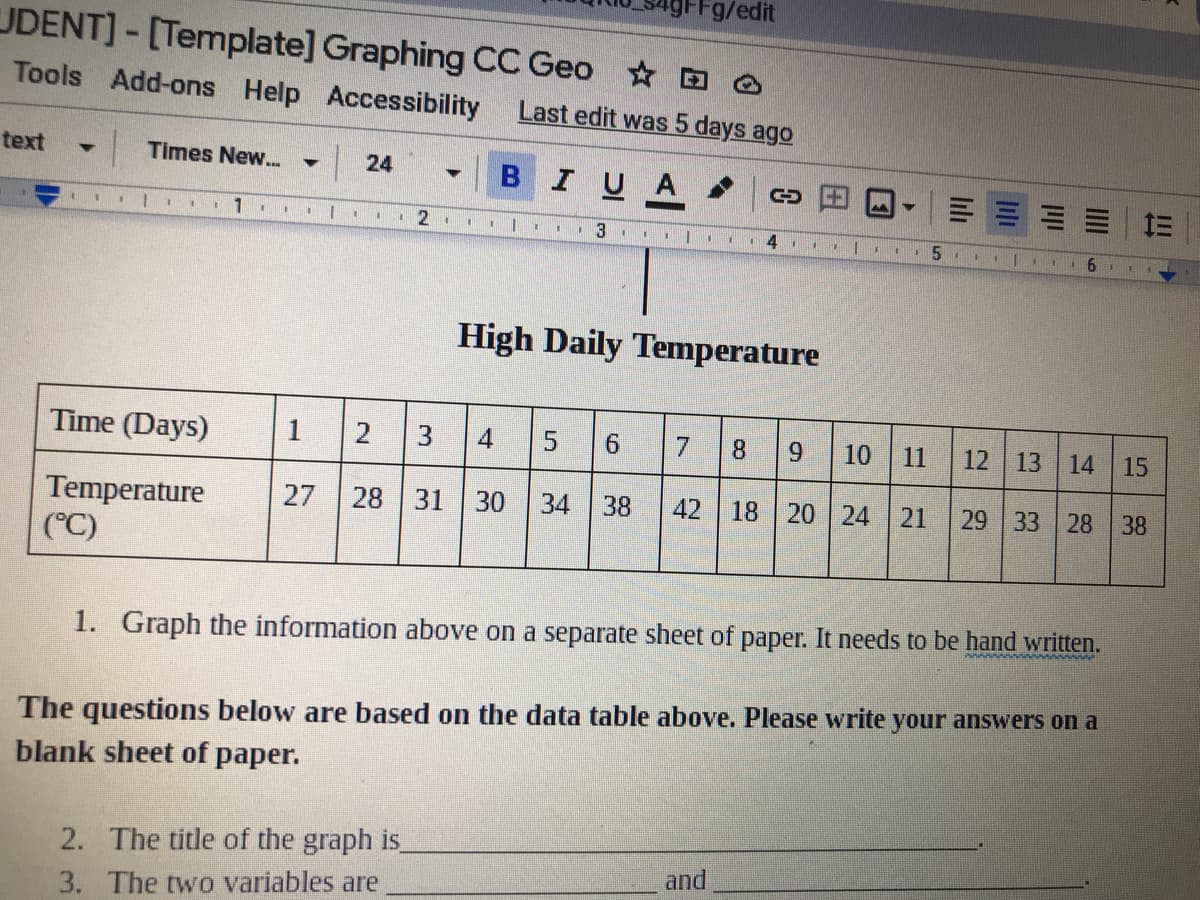 High Daily Temperature
Time (Days)
1
2 3
4
5
7.
8.
11
12 13 14
15
Temperature
(°C)
27
28 31
30 34 38
42
18 20 24 21
29 33 28
38
1. Graph the information above on a separate sheet of paper. It needs to be hand written.
The questions below are based on the data table above. Please write your answers on a
plank sheet of paper.
2. The title of the graph is
and
3. The two variables are
10
