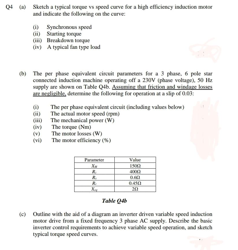 Q4 (a)
Sketch a typical torque vs speed curve for a high efficiency induction motor
and indicate the following on the curve:
(i) Synchronous speed
(ii) Starting torque
(iii) Breakdown torque
(iv) A typical fan type load
(b) The per phase equivalent circuit parameters for a 3 phase, 6 pole star
connected induction machine operating off a 230V (phase voltage), 50 Hz
supply are shown on Table Q4b. Assuming that friction and windage losses
are negligible, determine the following for operation at a slip of 0.03:
(i)
(ii)
(iii)
(iv)
(v)
(vi)
The per phase equivalent circuit (including values below)
The actual motor speed (rpm)
The mechanical power (W)
The torque (Nm)
The motor losses (W)
The motor efficiency (%)
Value
Parameter
Хм
1502
R.
4002
Rs
0.62
R,
0.452
Xeq
20
Table Q4b
(c) Outline with the aid of a diagram an inverter driven variable speed induction
motor drive from a fixed frequency 3 phase AC supply. Describe the basic
inverter control requirements to achieve variable speed operation, and sketch
typical torque speed curves.
