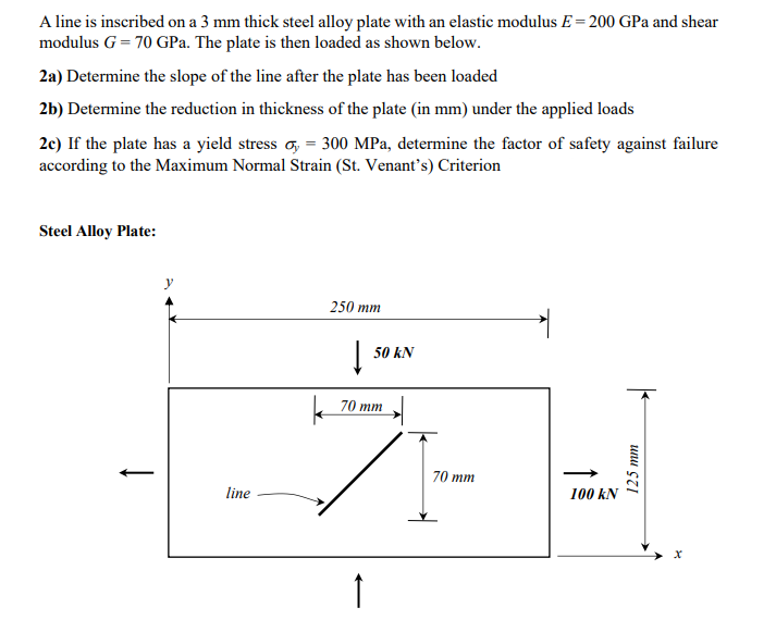 A line is inscribed on a 3 mm thick steel alloy plate with an elastic modulus E = 200 GPa and shear
modulus G = 70 GPa. The plate is then loaded as shown below.
2a) Determine the slope of the line after the plate has been loaded
2b) Determine the reduction in thickness of the plate (in mm) under the applied loads
2c) If the plate has a yield stress = 300 MPa, determine the factor of safety against failure
according to the Maximum Normal Strain (St. Venant's) Criterion
Steel Alloy Plate:
y
line
250 mm
k
Į
50 kN
70 mm
↑
70 mm
100 KN
125 mm