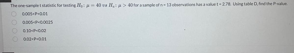 The one-sample t statistic for testing Ho: = 40 vs Ha: > 40 for a sample of n = 13 observations has a value t = 2.78. Using table D, find the P-value.
0.005<P<0.01
0.005<P<0.0025
0.10<P<0.02
0.02<P<0.01