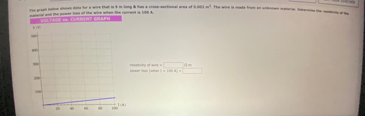 The graph below shows data for a wire that is 9 m long & has a cross-sectional area of 0.002 m². The wire is made from an unknown material. Determine the resistivity of the
material and the power loss of the wire when the current is 100 A.
VOLTAGE vs. CURRENT GRAPH
V (V)
500
400
300
200
100
20
40
60
80
1 (A)
100
resistivity of wire =
power loss (when I = 100 A) =
ABACHER
2-m