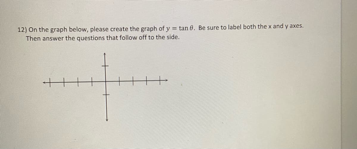 12) On the graph below, please create the graph of y = tan 0. Be sure to label both the x and y axes.
Then answer the questions that follow off to the side.

