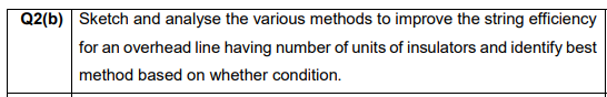 Q2(b) Sketch and analyse the various methods to improve the string efficiency
for an overhead line having number of units of insulators and identify best
method based on whether condition.
