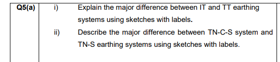 Q5(a)
i)
Explain the major difference between IT and TT earthing
systems using sketches with labels.
ii)
Describe the major difference between TN-C-S system and
TN-S earthing systems using sketches with labels.
